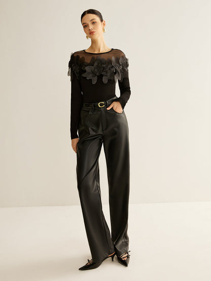 Semi-Sheer Floral Decor Slim Blouse