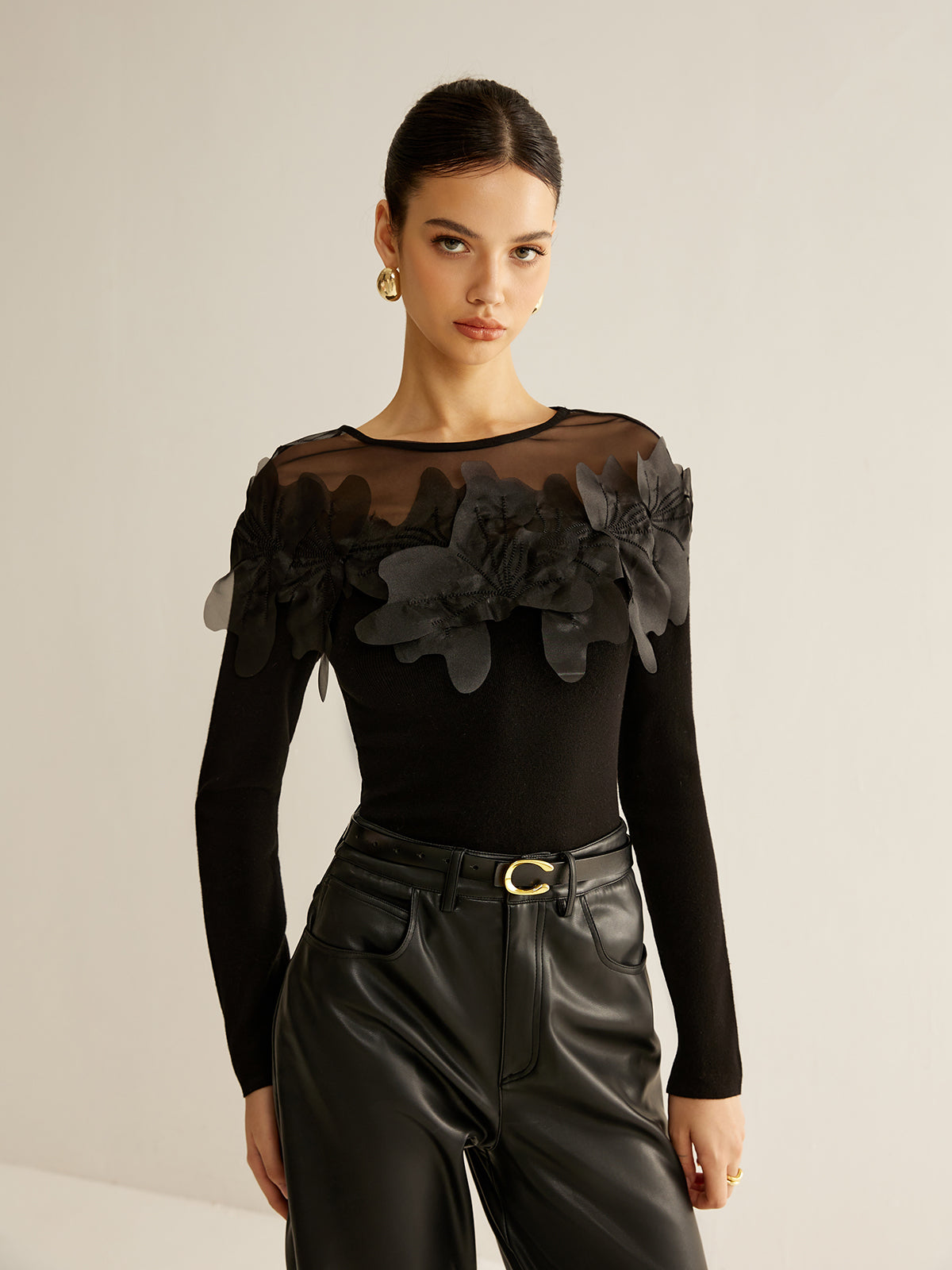 Semi-Sheer Floral Decor Slim Blouse