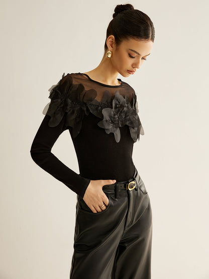 Semi-Sheer Floral Decor Slim Blouse
