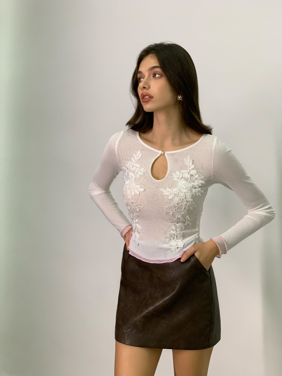 Semi-Sheer Keyhole Neckline Floral Mesh T-Shirt