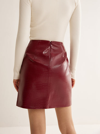 Crocodile PU Leather Slit Skirt
