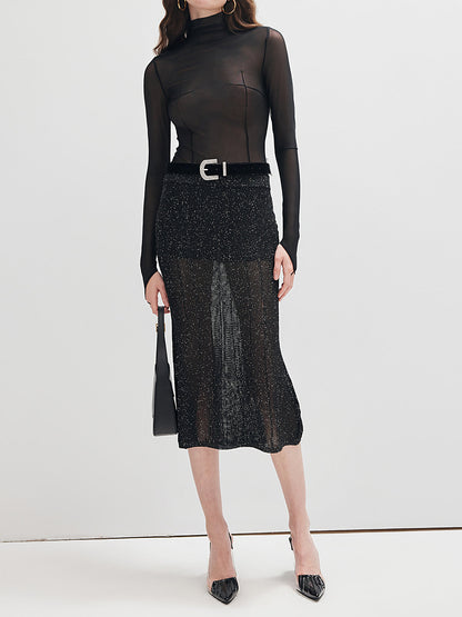 Mock Neck Sheer Mesh Thin T-Shirt