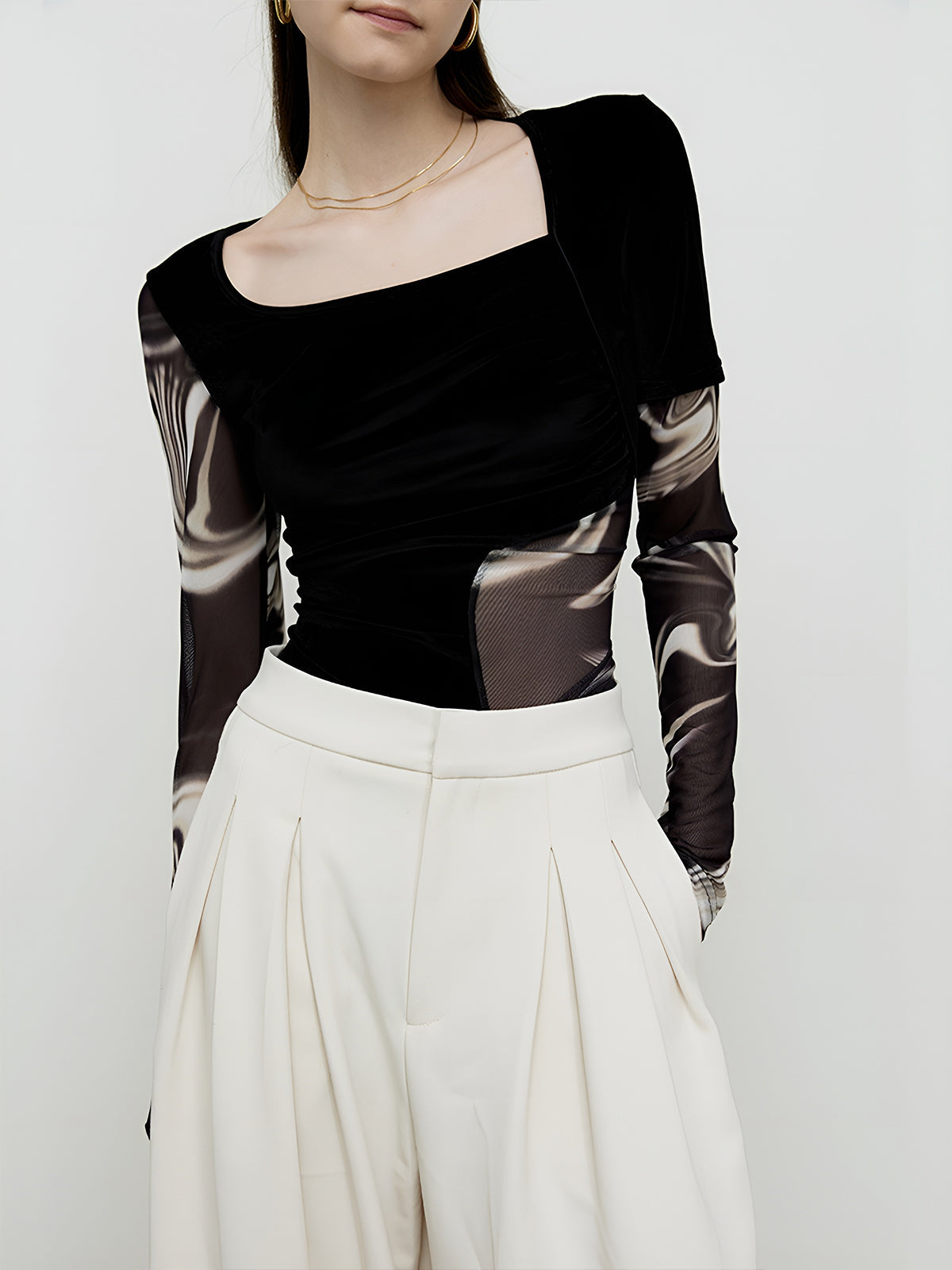 Semi-Sheer Geometric Printed Mesh Jersey Top