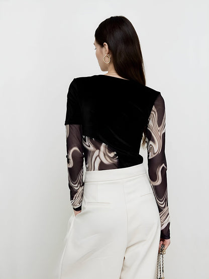 Semi-Sheer Geometric Printed Mesh Jersey Top