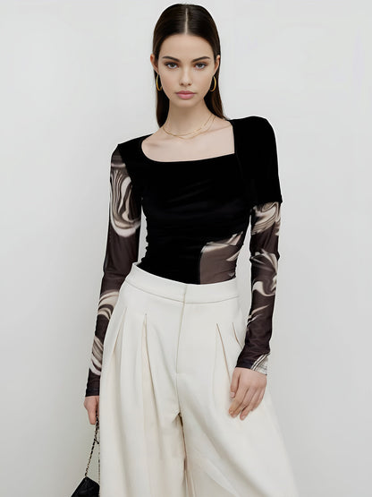 Semi-Sheer Geometric Printed Mesh Jersey Top
