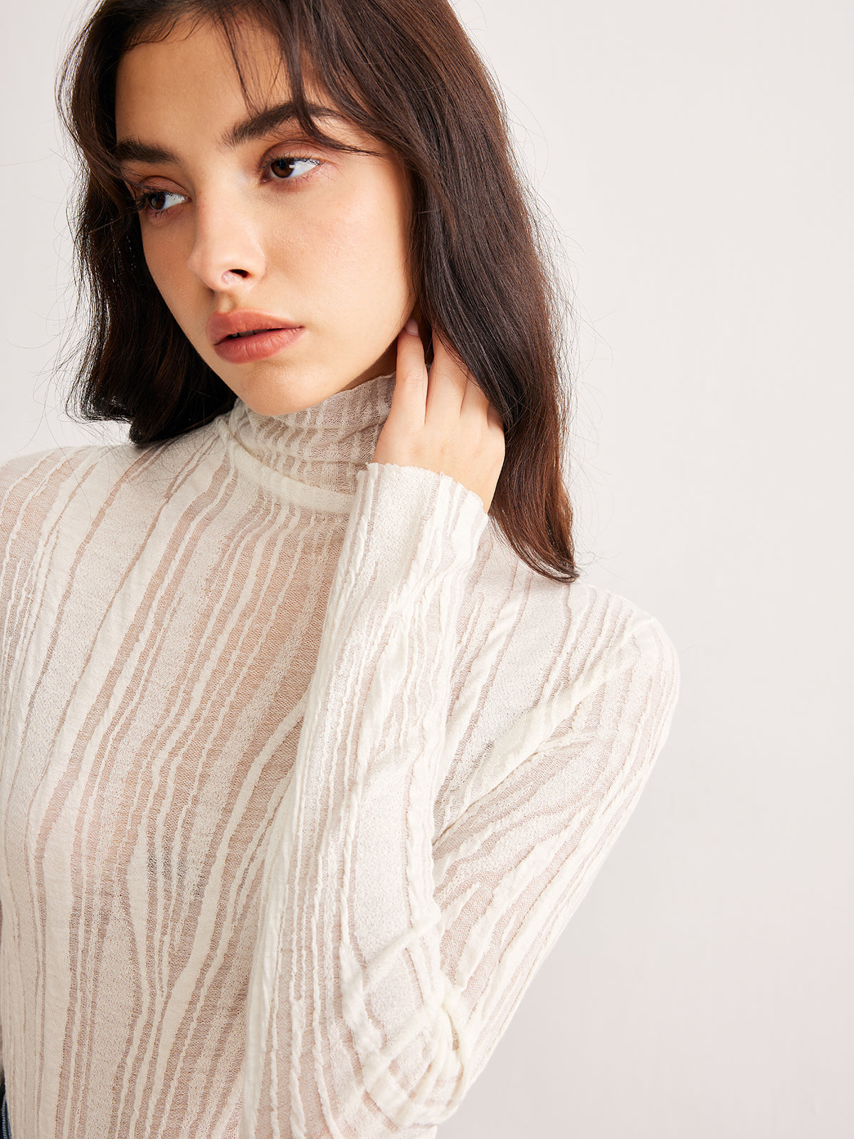 Semi-Sheer Turtleneck Slim T-Shirt