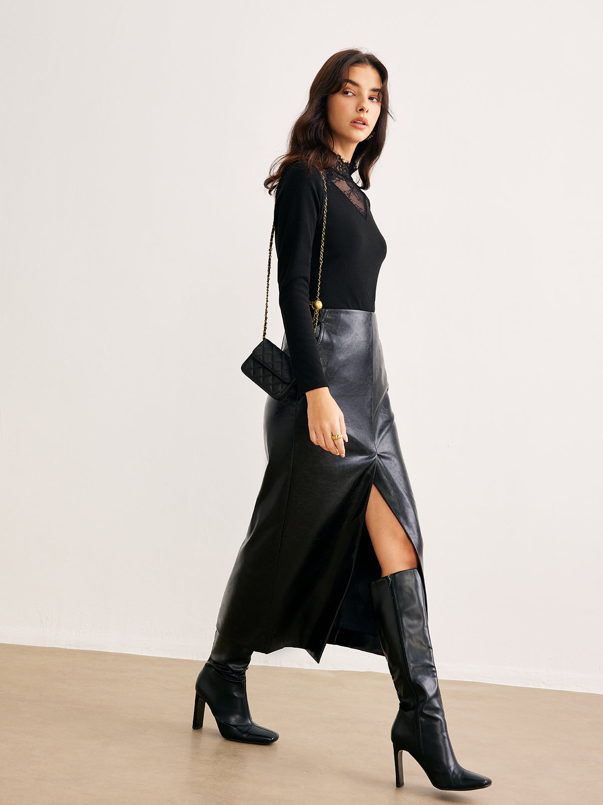 Sheer Lace Detail Slim Knit Top