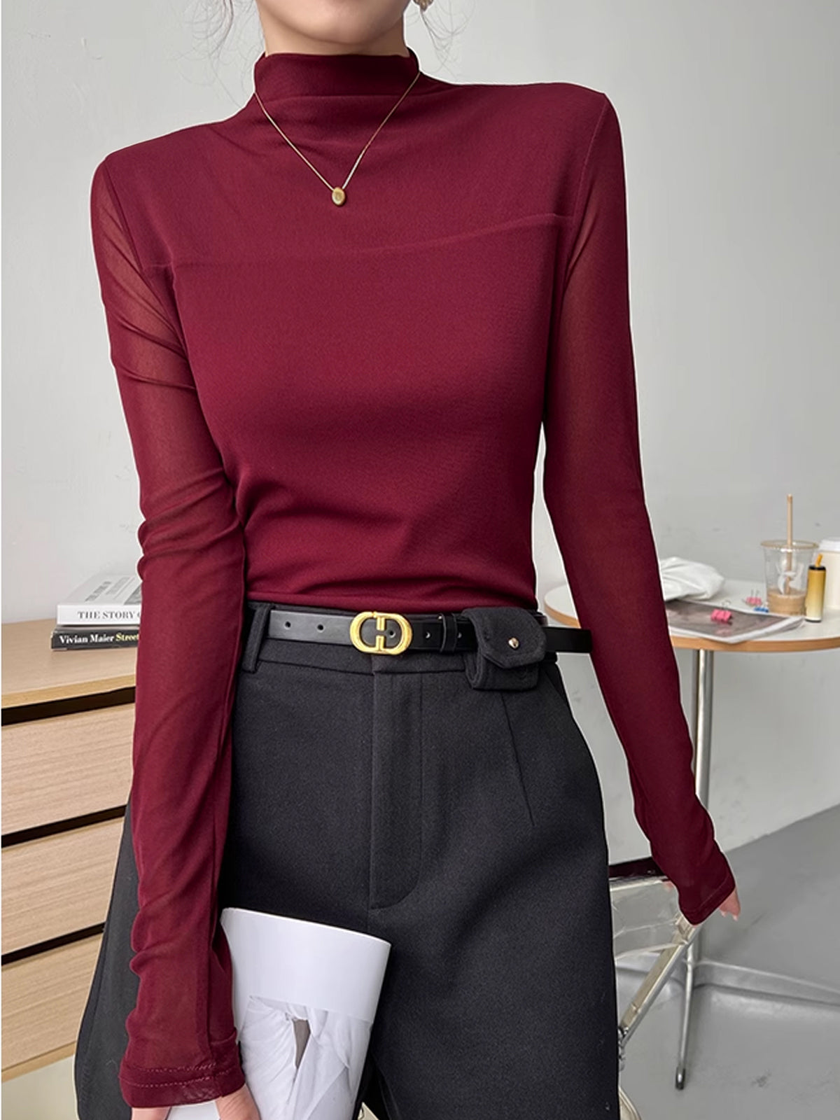 Mock Neck Sheer Mesh Panel T-Shirt