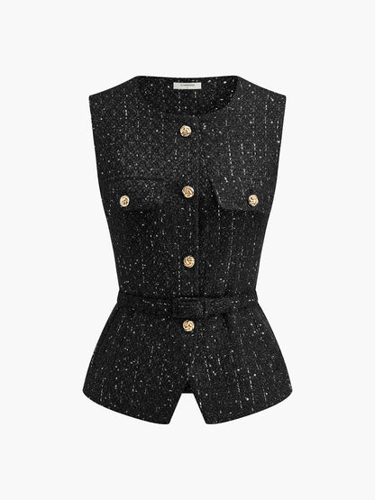 Sequins Button Belted Tweed Vest