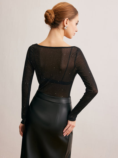 Semi-Sheer Cowl Neck Sequins Thin Blouse