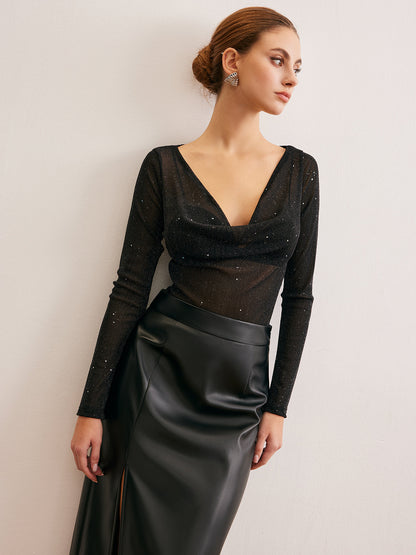 Semi-Sheer Cowl Neck Sequins Thin Blouse