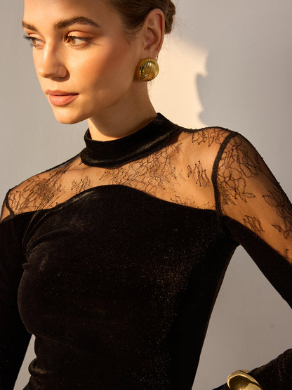 Sheer Lace Panel Velvet Slim Blouse
