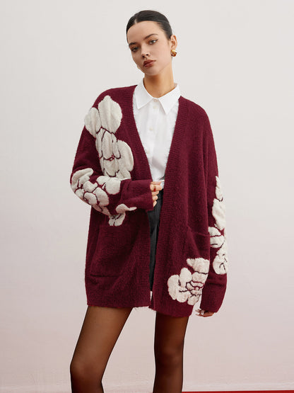 Wool-Blend Knit-Floral Cardigan