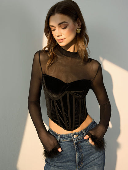 Sheer Mesh Panel Velvet Crop T-Shirt