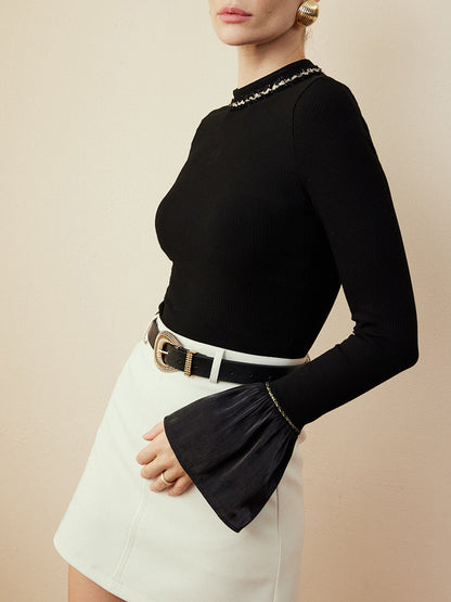 Ruffle-Cuff  Cutout Slim T-Shirt