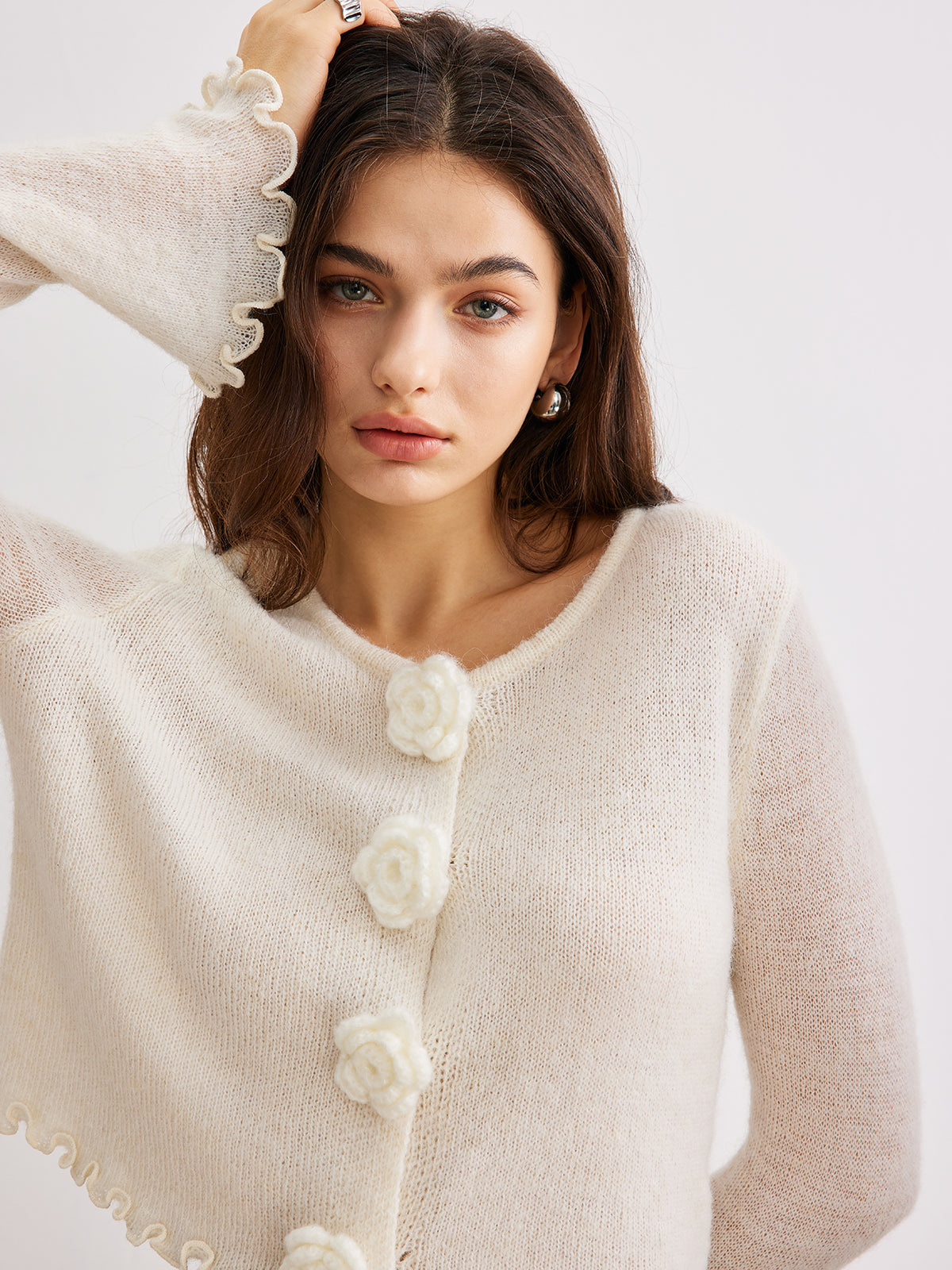 Wool-Blend Lettuce Trim 3D Flower Cardigan