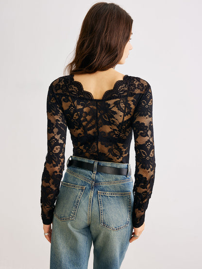 Wave Trim Sheer Lace Panel Bodysuit