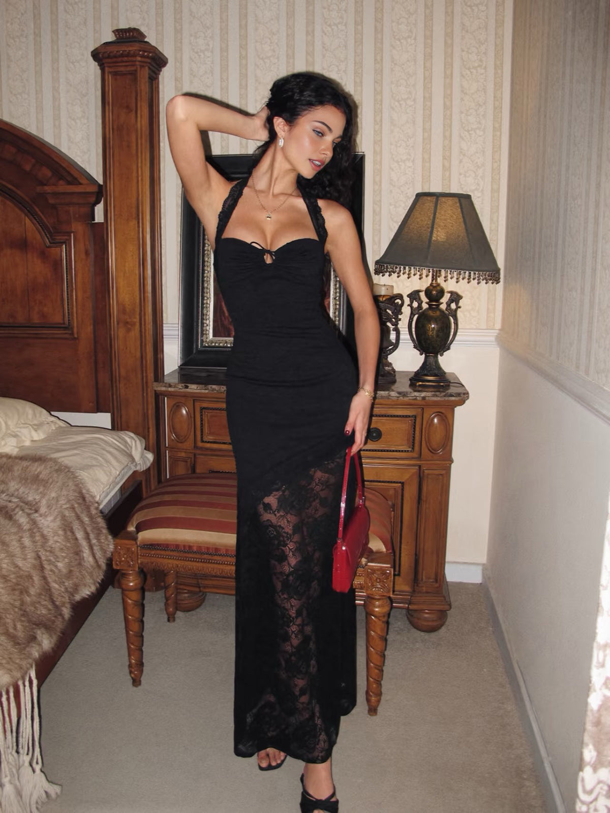 Sheer Lace Panel Halter Cami Dress