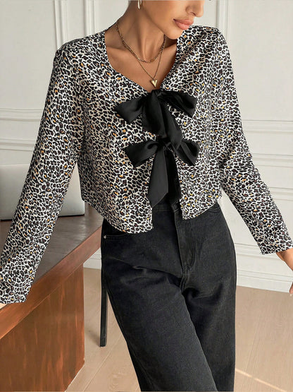 Bow Front Leopard Printed Jersey Blouse