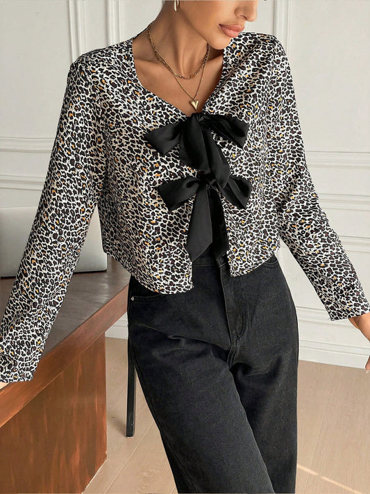 Bow Front Leopard Printed Jersey Blouse