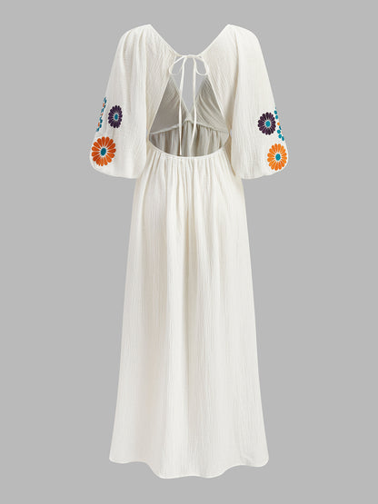 Semi-Sheer Embroidery V-Neck Floral Dress