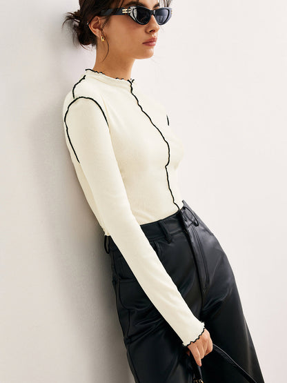Semi-Sheer Contrast Lettuce Trim T-Shirt
