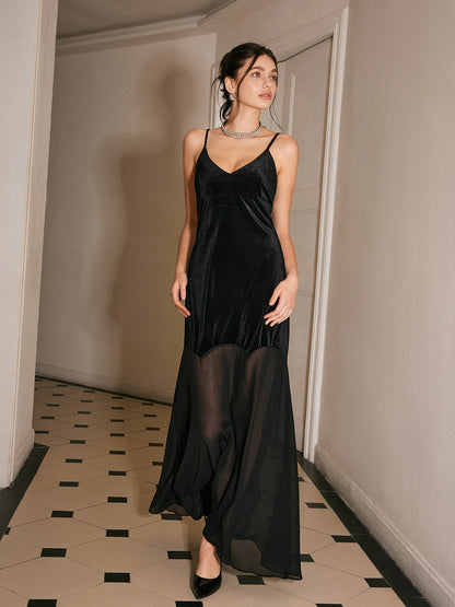 Semi-Sheer Chiffon-Hem Velvet Cami Dress