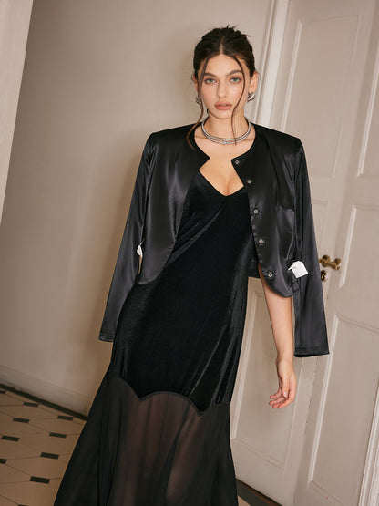 Semi-Sheer Chiffon-Hem Velvet Cami Dress