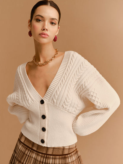 V-Neck Cinched Waist Twist Button Cardigan