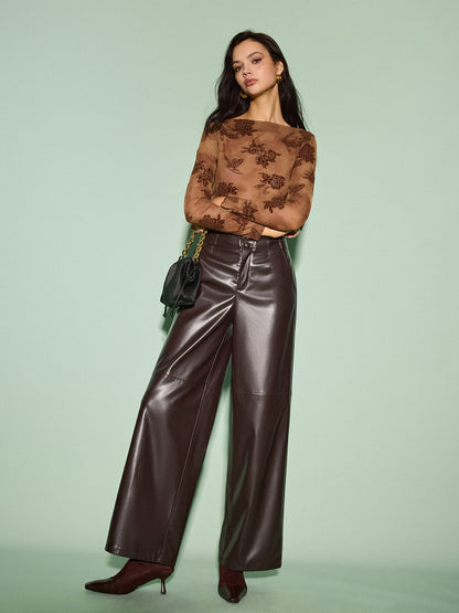 Semi-Sheer Straight Neck Velvet Floral T-Shirt