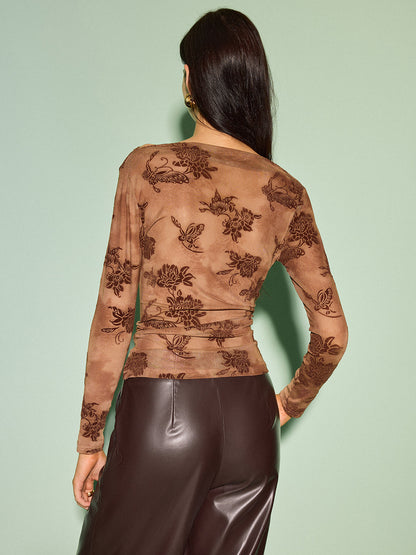 Semi-Sheer Straight Neck Velvet Floral T-Shirt