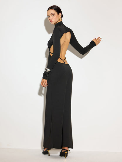 Mock Neck Open Back Long Dress