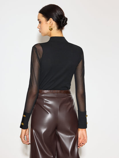 Mock Neck Sheer Mesh-Detail Long Sleeve T-Shirt