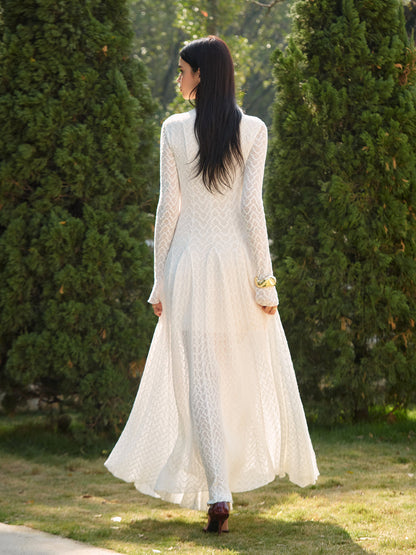 Semi-Sheer Mock Neck Lace Flowy Long Dress