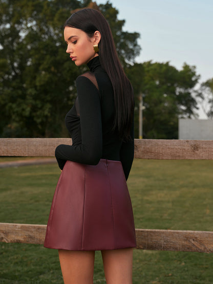 Mid-Waist Faux Leather Back-Zipper Mini Skirt