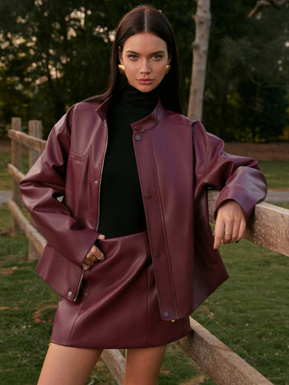 Mid-Waist Faux Leather Back-Zipper Mini Skirt