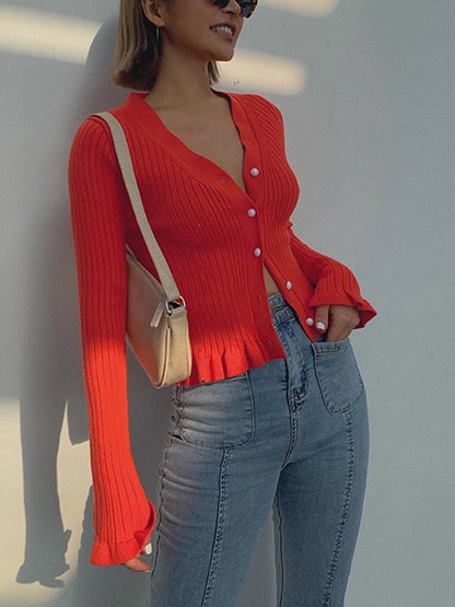 Ruffled Trim Pearl Button Long Sleeve Cardigan