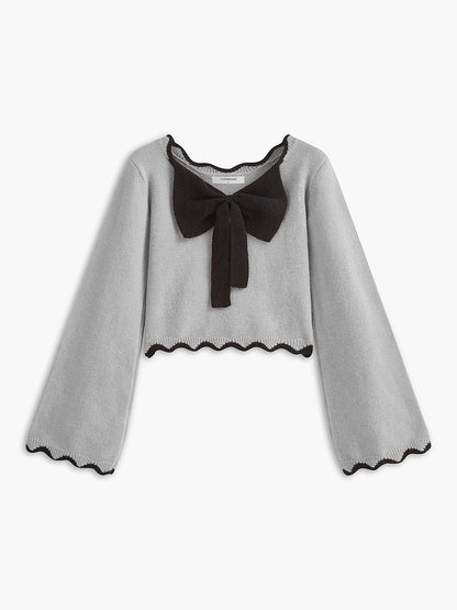 Contrast Wave Trim Bow Sweater
