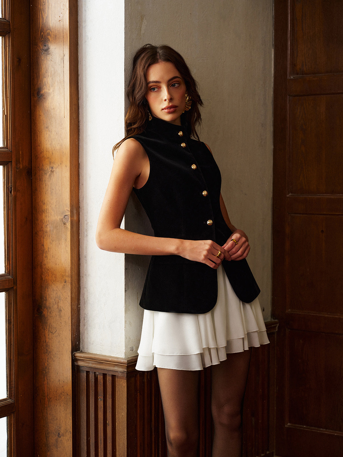 Button Slit Velvet Top With Chiffon Skirt Set