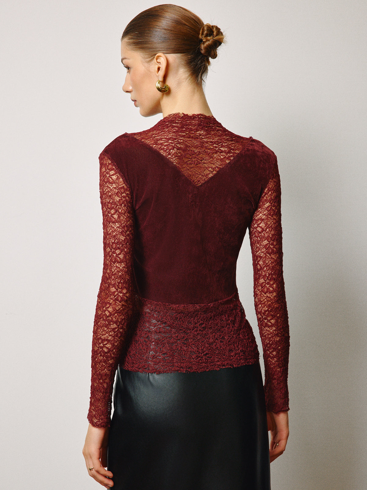 Semi-Sheer Rhinestone Velvet Panel Lace Slim Top