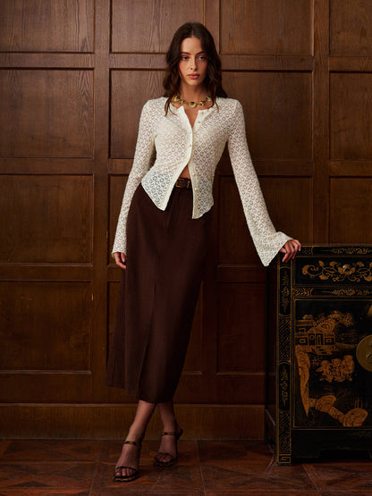 Semi-Sheer Bell Sleeve Button Down Slim Blouse