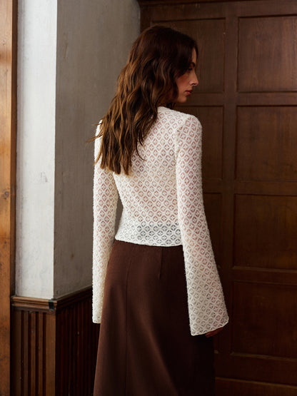 Semi-Sheer Bell Sleeve Button Down Slim Blouse