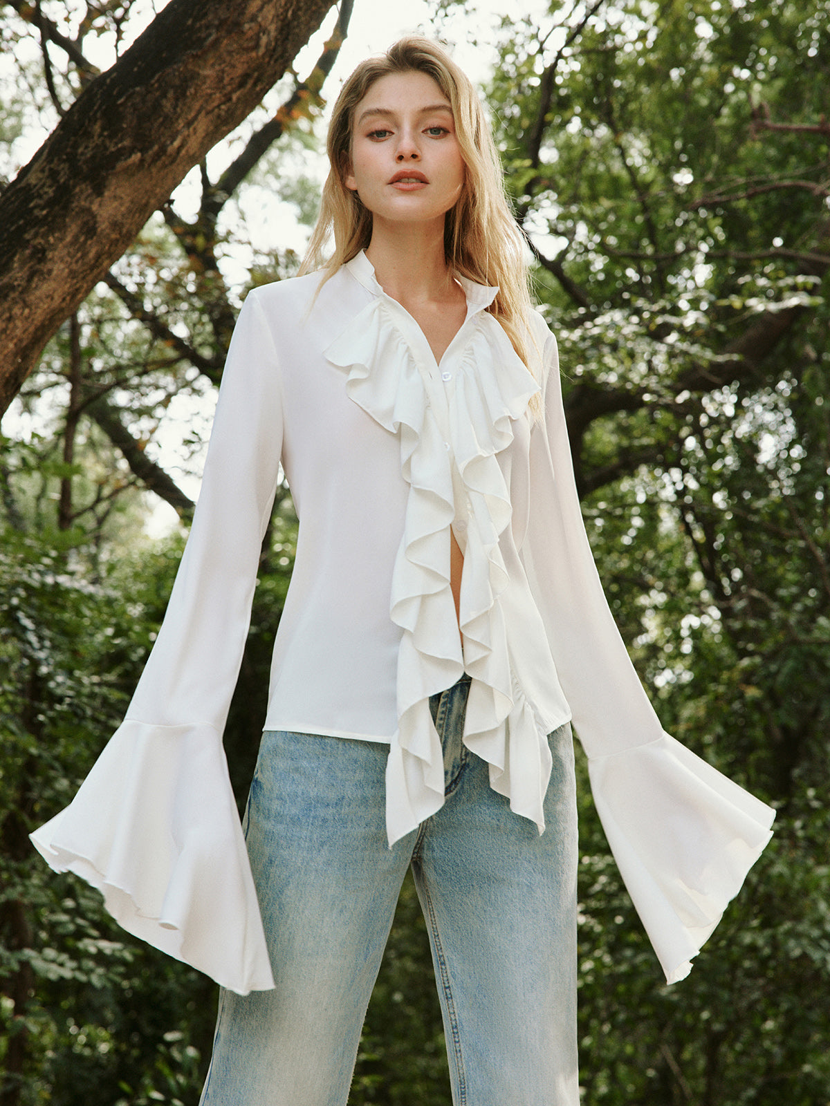 Semi-Sheer Button Ruffle Thin Blouse