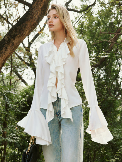 Semi-Sheer Button Ruffle Thin Blouse