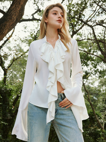 Semi-Sheer Button Ruffle Thin Blouse
