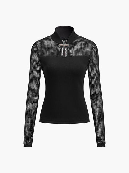 Keyhole Neckline Semi-Sheer Knit Top