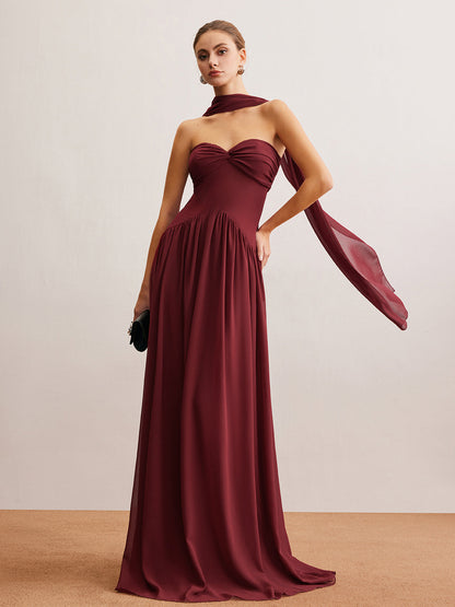 Semi-Sheer Ruched Long-Ribbon Tube Dress