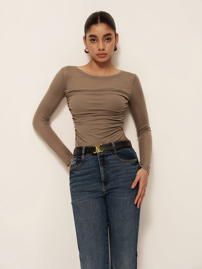 Semi-Sheer Long Sleeve Pleated Slim Panel T-Shirt