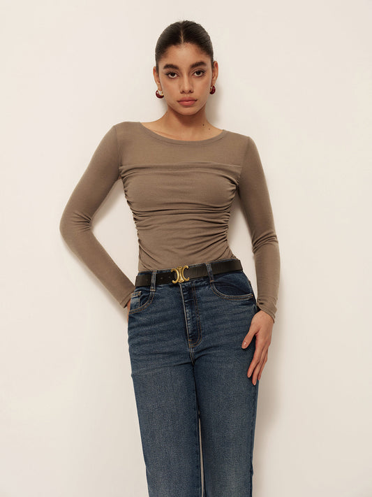 Semi-Sheer Long Sleeve Pleated Slim Panel T-Shirt