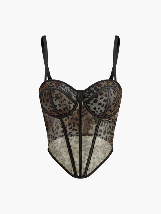 Semi-Sheer Leopard Printed Spaghetti Strap Corset
